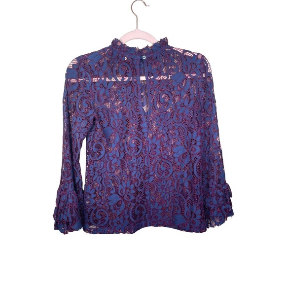 Willow & Clay Purple Navy High Neck All‎ Lace Shirt Ruffle Cuffs Size XSmall - Picture 3 of 13